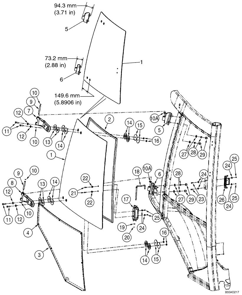 Схема запчастей Case 580SM - (09-56) - CAB - WINDOW, RIGHT-HAND, FOR SINGLE DOOR CAB FRAMES, IF USED (SEE GLASS AND HINGES; REF 1, 5, 6) (09) - CHASSIS/ATTACHMENTS