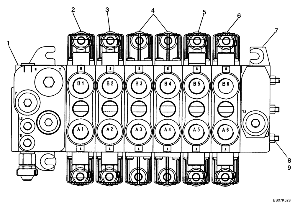 Схема запчастей Case 580M - (08-36) - VALVE ASSY - BACKHOE CONTROL, 6 SPOOL (W/O EXT DIPPER, W/ OR W/O AUX HYDS, W/ PILOT CONTROLS) (08) - HYDRAULICS