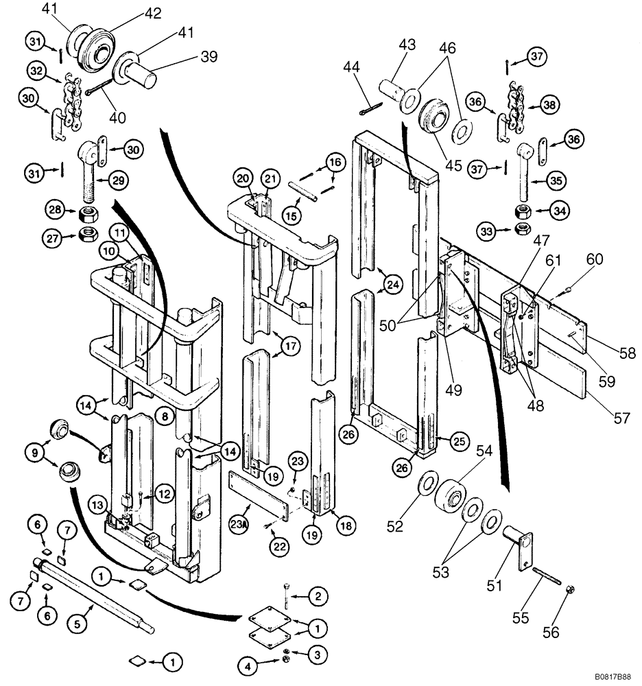 Схема запчастей Case 585E - (9-064) - 6.5 M (21-1/2 FOOT) MAST FOR 585E, MODELS WITH DUAL LIFT CYL., WITHOUT 31 DEGREE FORWARD MAST TILT (09) - CHASSIS/ATTACHMENTS