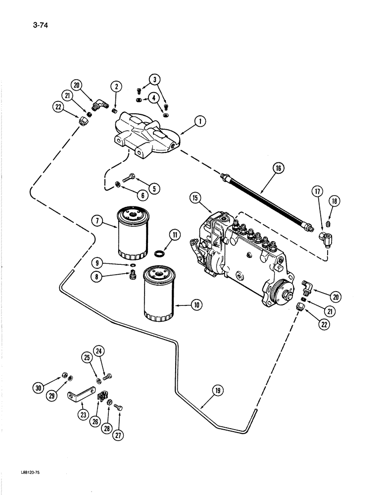 Схема запчастей Case 1080B - (3-74) - FUEL FILTER SYSTEM, 504BDT ENGINE (03) - FUEL SYSTEM