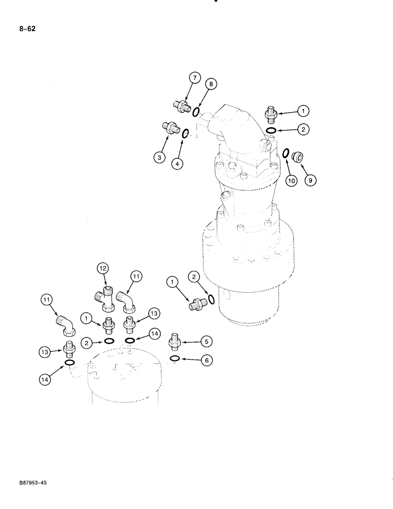 Схема запчастей Case 888 - (8-062) - HYDRAULIC ADAPTERS, SWIVEL AND SWING MOTOR (08) - HYDRAULICS