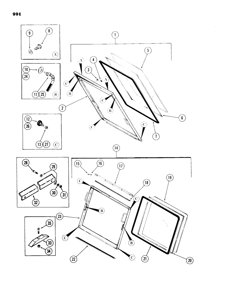 Схема запчастей Case 980B - (099E) - CAB AND ATTACHING PARTS, (UPPER AND LOWER FRONT WINDOWS AND AFTER) (05) - UPPERSTRUCTURE CHASSIS