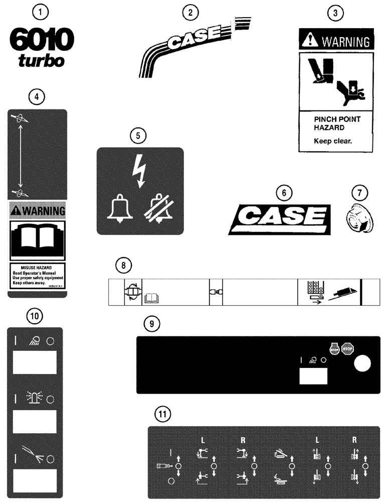 Схема запчастей Case 6010 - (09-29) - DECALS, ENGLISH (90) - PLATFORM, CAB, BODYWORK AND DECALS