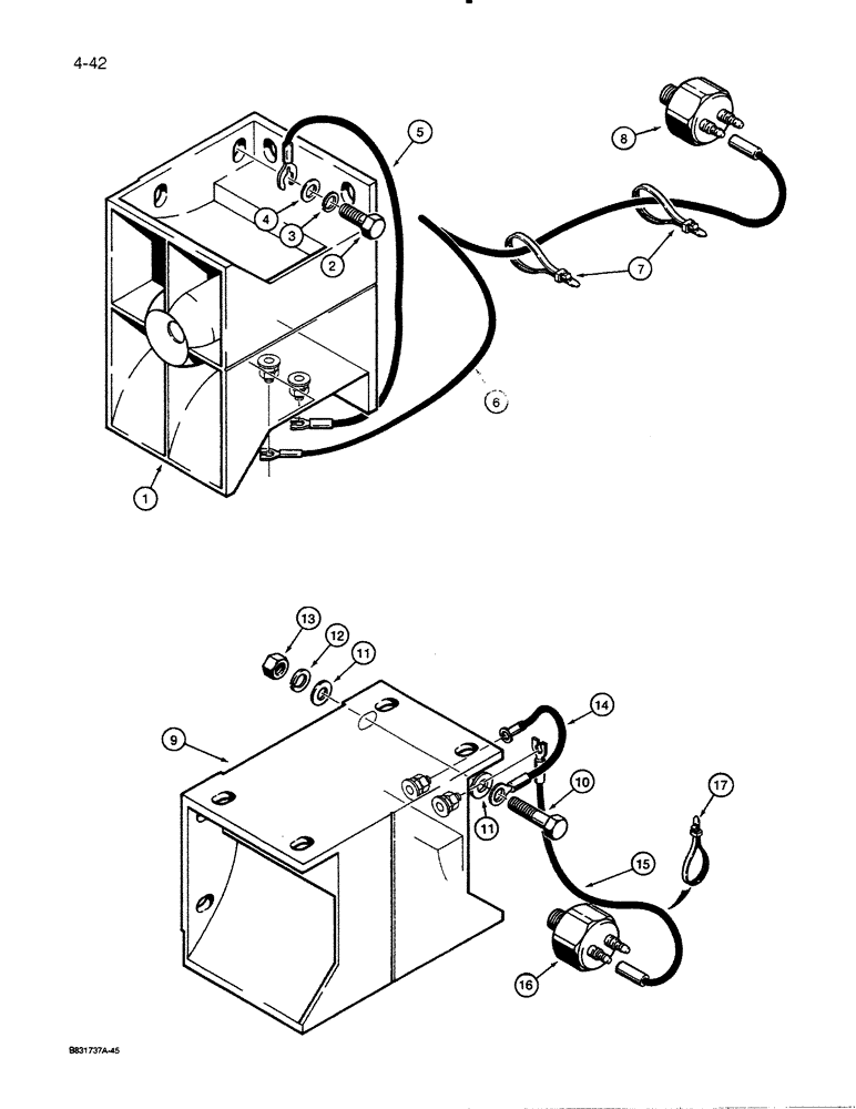 Схема запчастей Case 455C - (4-42) - BACKUP ALARM, BOLTS TO SIDE OF FUEL TANK, MODELS WITHOUT A BACKHOE (04) - ELECTRICAL SYSTEMS