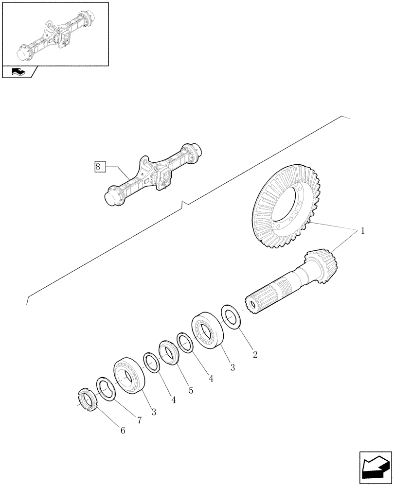 Схема запчастей Case 221E - (073/02[05]) - 20 KM/H REAR SELF-LOCKING AXLE: BEVEL GEAR (05) - REAR AXLE