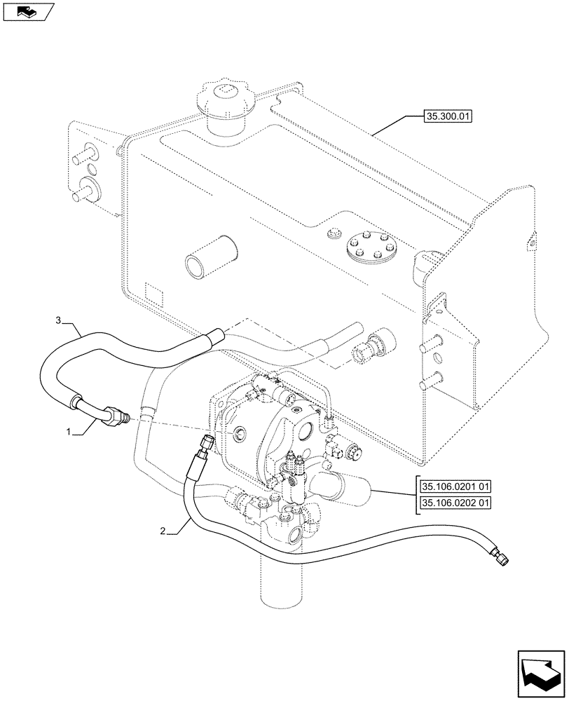 Схема запчастей Case 580SN WT - (35.300.0501) - VAR - X20233X - HYDRAULICS - PUMP INSTALL - HYD. DRAIN HOSE PIL (35) - HYDRAULIC SYSTEMS