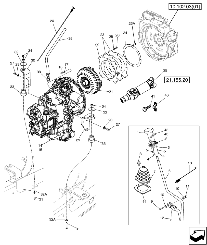 Схема запчастей Case 580SM - (21.112.01[03]) - TRANSMISSION - MOUNTING (MODELS WITHOUT POWERSHIFT) (21) - TRANSMISSION