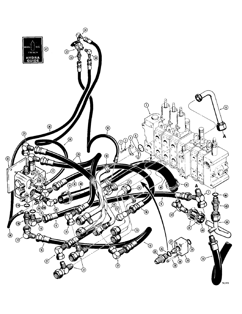 Схема запчастей Case 780 - (320) - BACKHOE HYDRA-GUIDE CIRCUIT, USED ON MODELS WITH SINGLE BACKHOE CONTROLTOWER (08) - HYDRAULICS