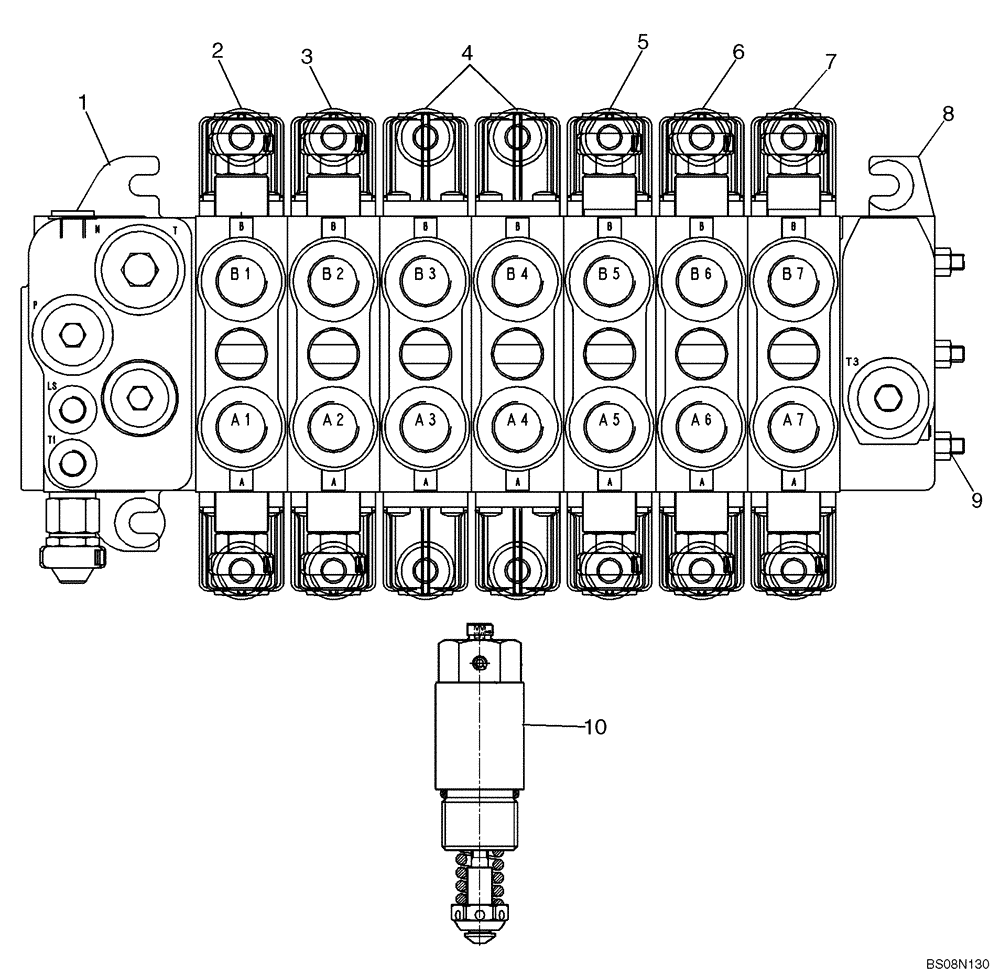 Схема запчастей Case 590SM - (08-40A) - 84138949 VALVE ASSY - BACKHOE CONTROL, 7 SPOOL (W/ EXT DIPPER, W/ OR W/O AUX HYDS) (590SM+) (08) - HYDRAULICS