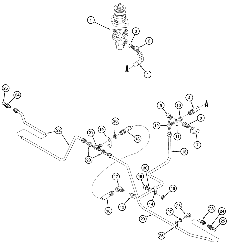 Схема запчастей Case 621C - (07-026) - HYDRAULICS - BRAKE, MAIN, MAIN BRAKE VALVE TO REAR AXLE, AXLE : 308662A1 (07) - BRAKES