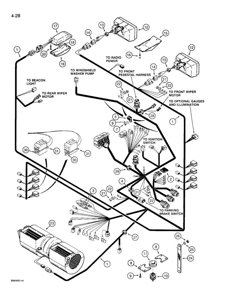 Схема запчастей Case 721 - (4-28) - CAB HARNESS - OPERATORS COMPARTMENT, LAMPS AND BLOWER, PRIOR TO P.I.N. JAK0022758 (04) - ELECTRICAL SYSTEMS