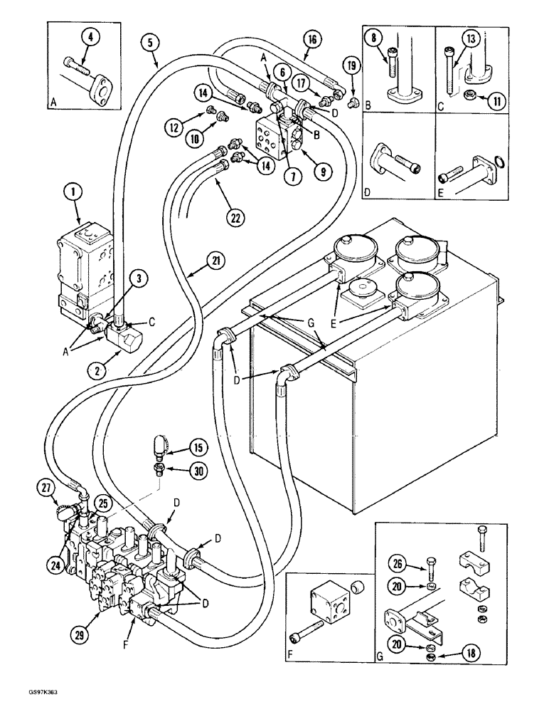 Схема запчастей Case 170C - (8-026) - HYDRAULIC CIRCUIT RETURN LINES, TO FILTERS AT RESERVOIR, P.I.N. 74501 - 74662, P.I.N. 02301 - 02370 (08) - HYDRAULICS