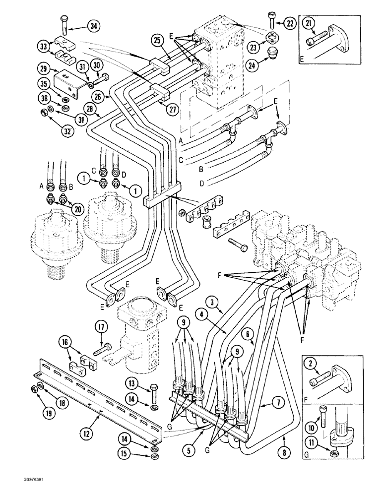 Схема запчастей Case 170C - (8-062) - HYDRLC CIRCT FROM MAIN CONTROL VLVS,TO SWIVL,SWING MOTORS & CYLINDERS,PIN74644-74662,PIN 02301 & AFT (08) - HYDRAULICS