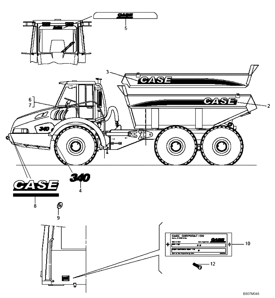 Схема запчастей Case 340 - (98A00000797[001]) - ACCESSORIES - DECALS (U.S.A.) (87311241) (90) - PLATFORM, CAB, BODYWORK AND DECALS