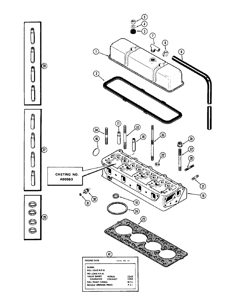 Схема запчастей Case 580B - (018) - CYLINDER HEAD AND COVER, (188) DIESEL ENGINE, 1ST USED ENG SN 2711005 (02) - ENGINE