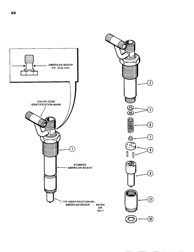 Схема запчастей Case 680H - (068) - FUEL INJECTOR NOZZLE, 336BD DIESEL ENGINE, BLUE COLOR CODE IDENTIFICATION (03) - FUEL SYSTEM