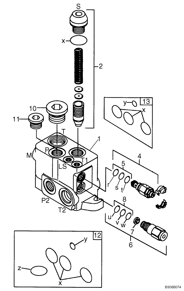 Схема запчастей Case 590SM - (08-42A) - 84157942 VALVE SECTION - INLET (WITH PILOT CONTROLS) (590SM+) (08) - HYDRAULICS