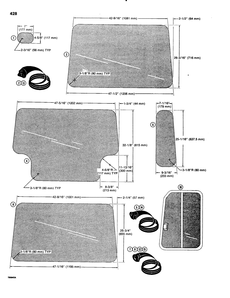 Схема запчастей Case 1150C - (428) - GLASS, USED ON NON-PRESSURIZED CABS ON TRACTOR SN 7307881 & AFT & ON PRESSURIZED CABS (09) - CHASSIS/ATTACHMENTS