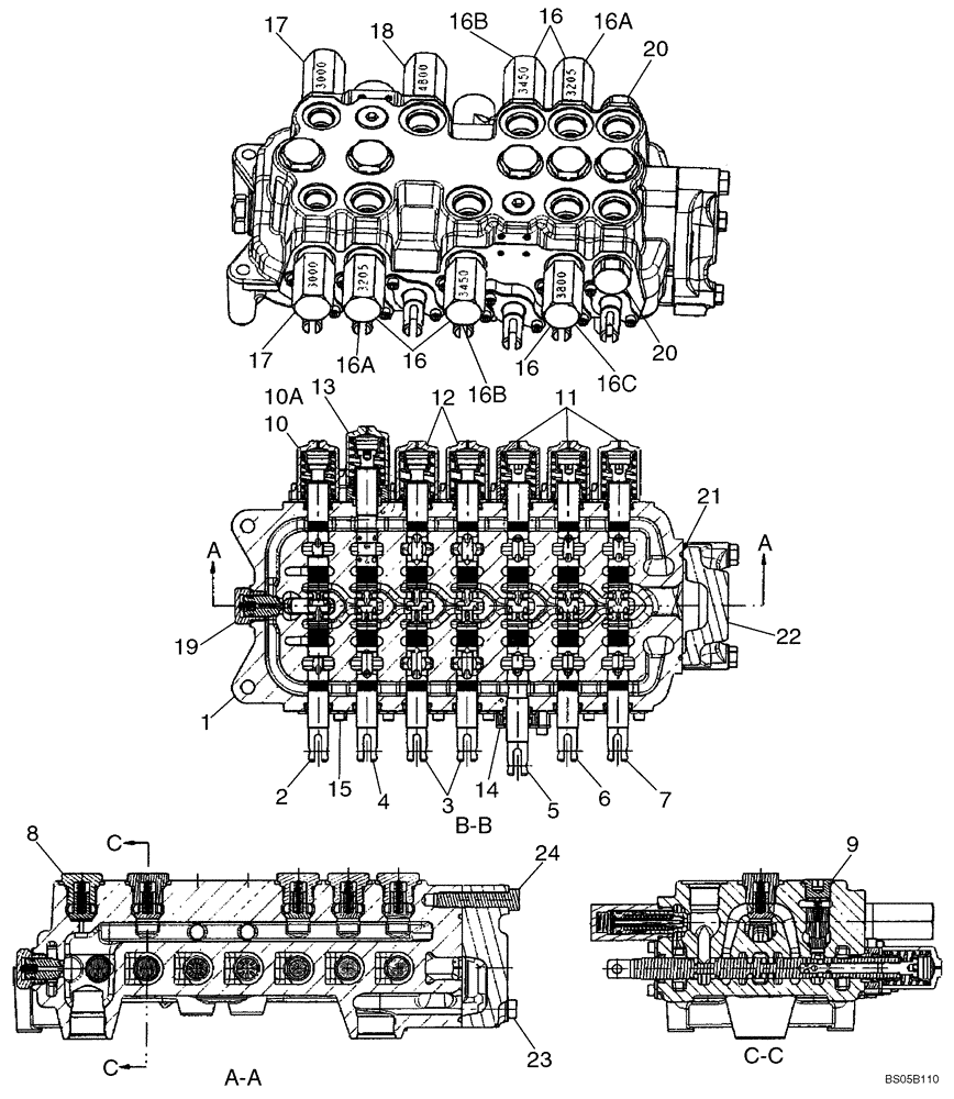 Схема запчастей Case 580M - (08-34) - VALVE ASSY - BACKHOE CONTROL, 7 SPOOL (W/ EXT DIPPER, W/O AUX HYDS, W/O PILOT CONTROLS) (08) - HYDRAULICS