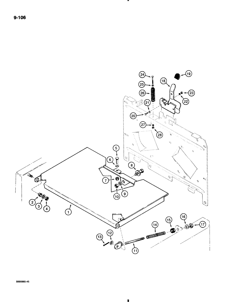 Схема запчастей Case 580K - (9-106) - UPRIGHT COVER AND HOOD LATCH RELEASE (09) - CHASSIS/ATTACHMENTS