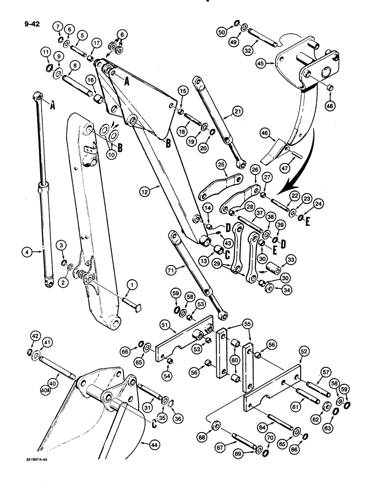 Схема запчастей Case 480E - (9-042) - BACKHOE DIPPER AND BUCKET, 480E 12 FOOT BACKHOE MODELS (09) - CHASSIS/ATTACHMENTS