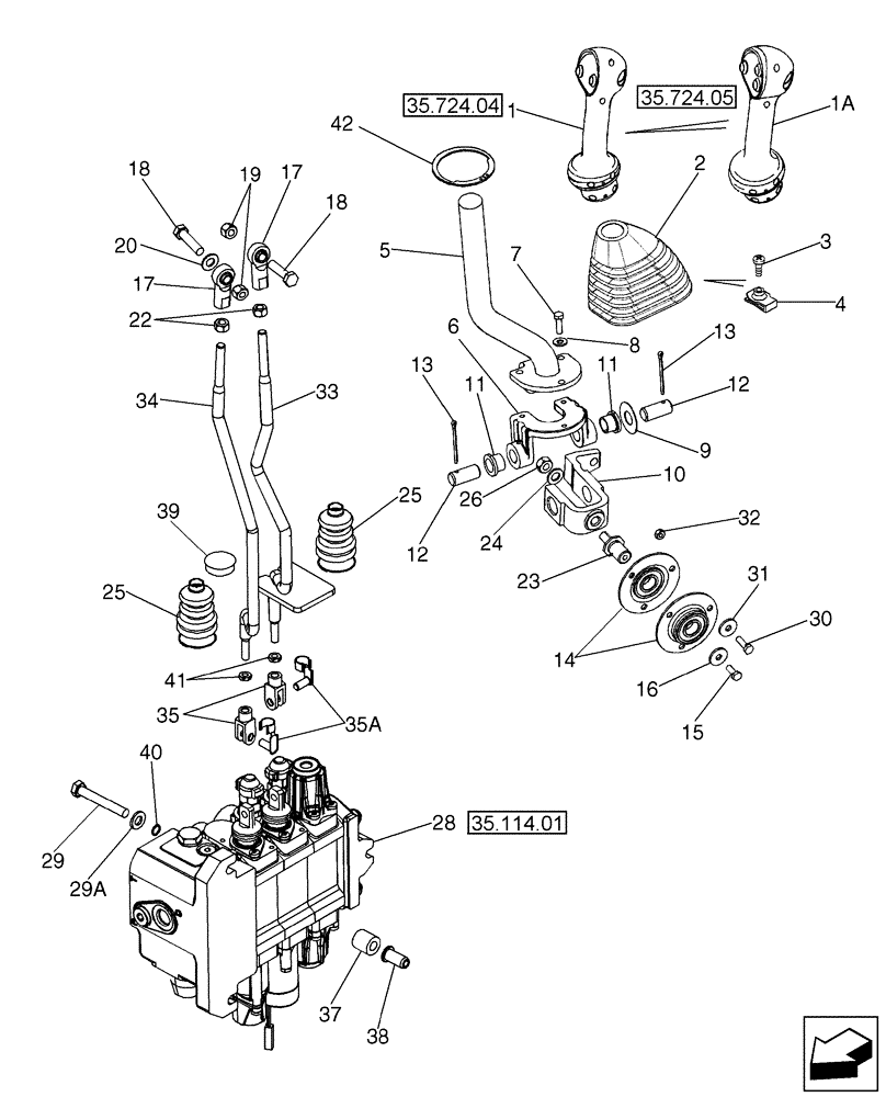 Схема запчастей Case 580SM - (35.724.03[02]) - CONTROLS - LOADER LIFT AND BUCKET (VARIABLE VOLUME PUMP MODELS) (580SM+) (35) - HYDRAULIC SYSTEMS