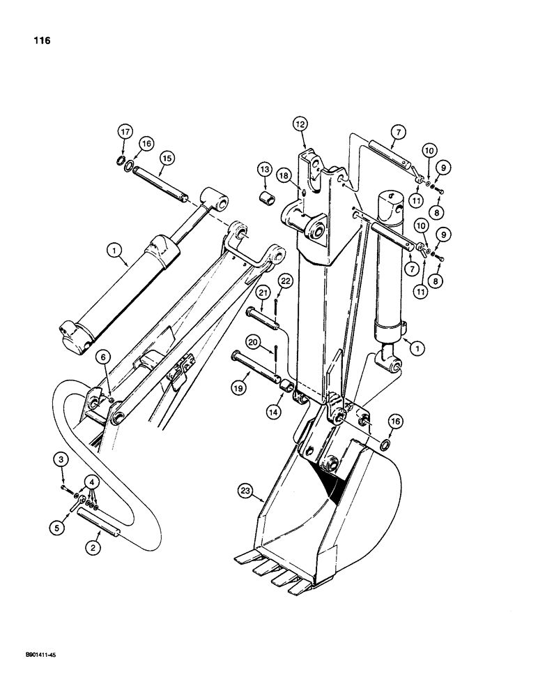 Схема запчастей Case D100XR - (7-116) - BACKHOE DIPPER AND BUCKET, USED ON 1835C, 1840, AND 1845C UNI-LOADERS 