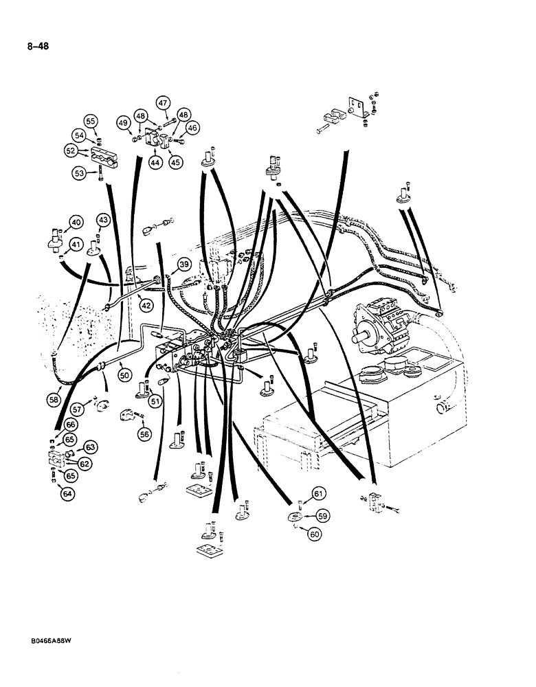 Схема запчастей Case 125B - (8-048) - HYDRAULIC PUMP LINES, P.I.N. 74845 THROUGH 74963, 21801 THROUGH 21806 (08) - HYDRAULICS