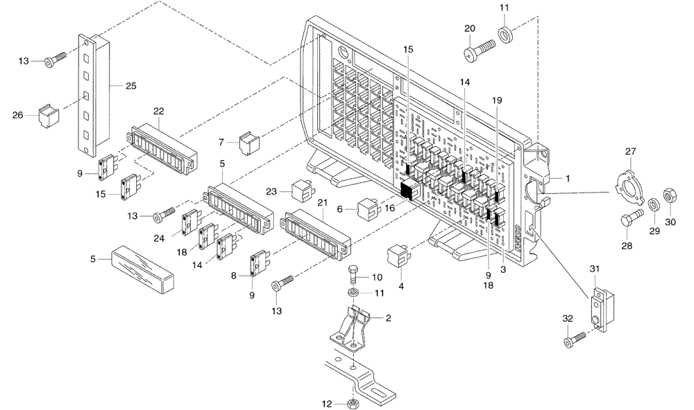 Схема запчастей Case 325 - (6.720/2A[03A]) - ELECTRIC COMPONENTS - CONTROL PANEL / FUSE BLOCK (87442873) (EU 330 PIN 455176, 455247 AND AFTER) (13) - Electrical System / Decals