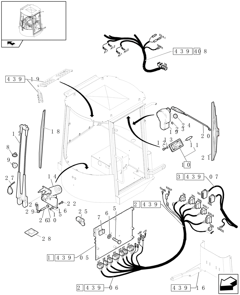 Схема запчастей Case 321E - (439[04]) - CAB: ELECTRIC SYSTEM AND WINDSCREEN WIPER (10) - OPERATORS PLATFORM