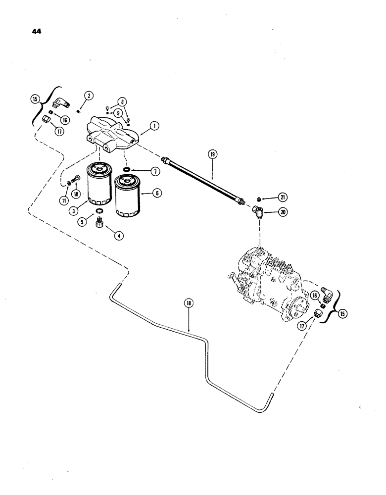 Схема запчастей Case 850 - (044) - FUEL FILTER SYSTEM, (301 BD) DIESEL ENGINE, 1ST USED ENG. S/N 2319862 (02) - FUEL SYSTEM