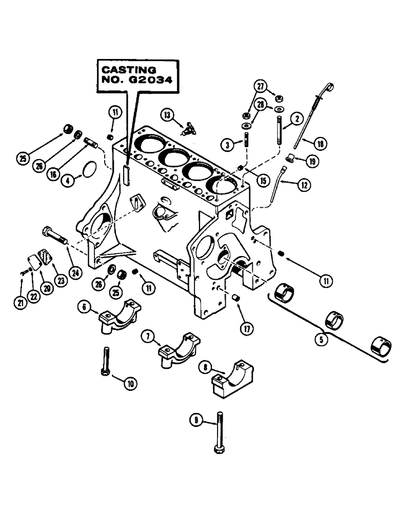 Схема запчастей Case 430CK - (009C) - CYLINDER BLOCK ASSY., (148B) SPARK IGNITION ENGINE, CASTING NO. G2034, W/ BRACKET MOUNTED OIL FILTER 