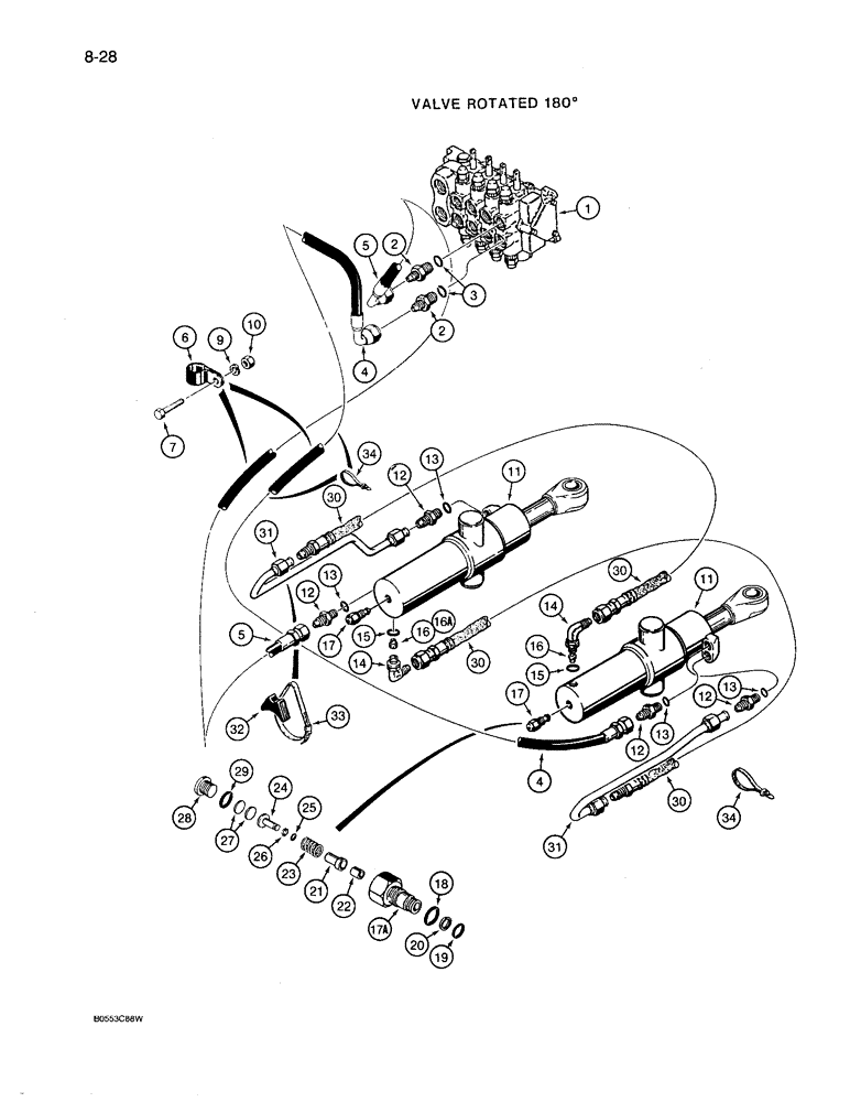 Схема запчастей Case 780D - (8-028) - BACKHOE SWING CYLINDER HYDRAULIC CIRCUIT (08) - HYDRAULICS