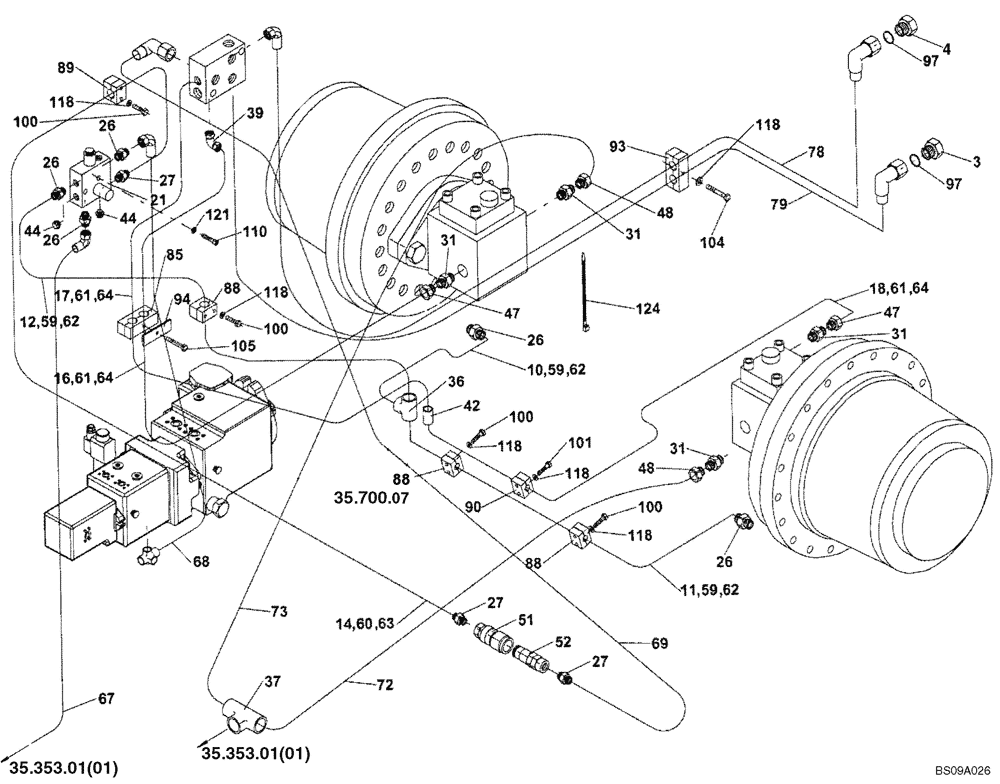 Схема запчастей Case SV212 - (35.353.19[01]) - HYDRAULIC SYSTEM OF TRAVEL, REAR WHEELS - BSN DDD003017 (35) - HYDRAULIC SYSTEMS