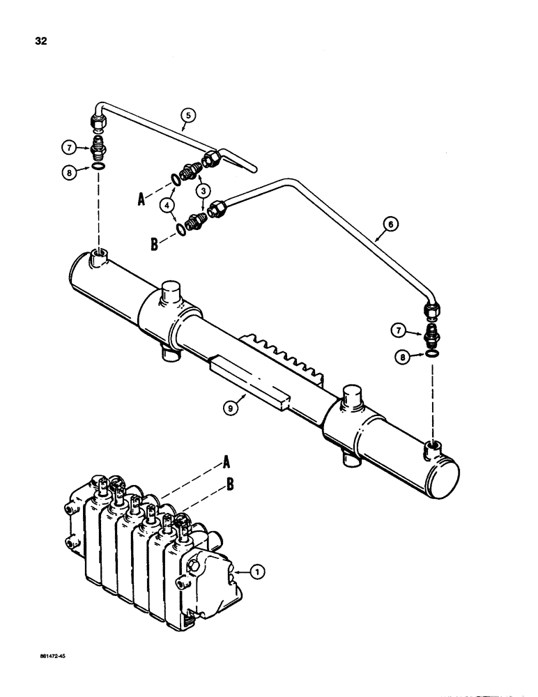 Схема запчастей Case D100 - (8-032) - BACKHOE SWING CYLINDER HYDRAULIC CIRCUIT, USED ON 1835C AND 1845C UNI-LOADER W/ CESSNA VALVE 