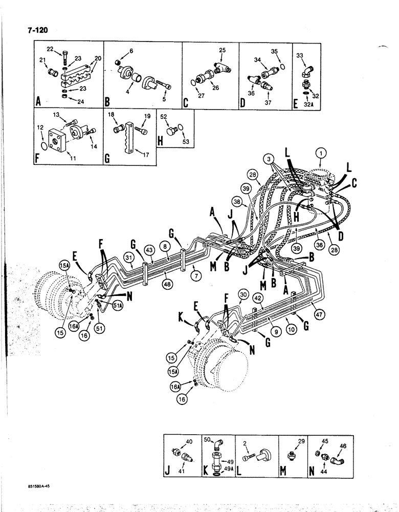 Схема запчастей Case 170B - (7-120) - TRACK DRIVE, DRIVE RANGE AND BRAKE HYDRAULIC LINES, P.I.N. 74341 THRU 74456 (07) - BRAKES