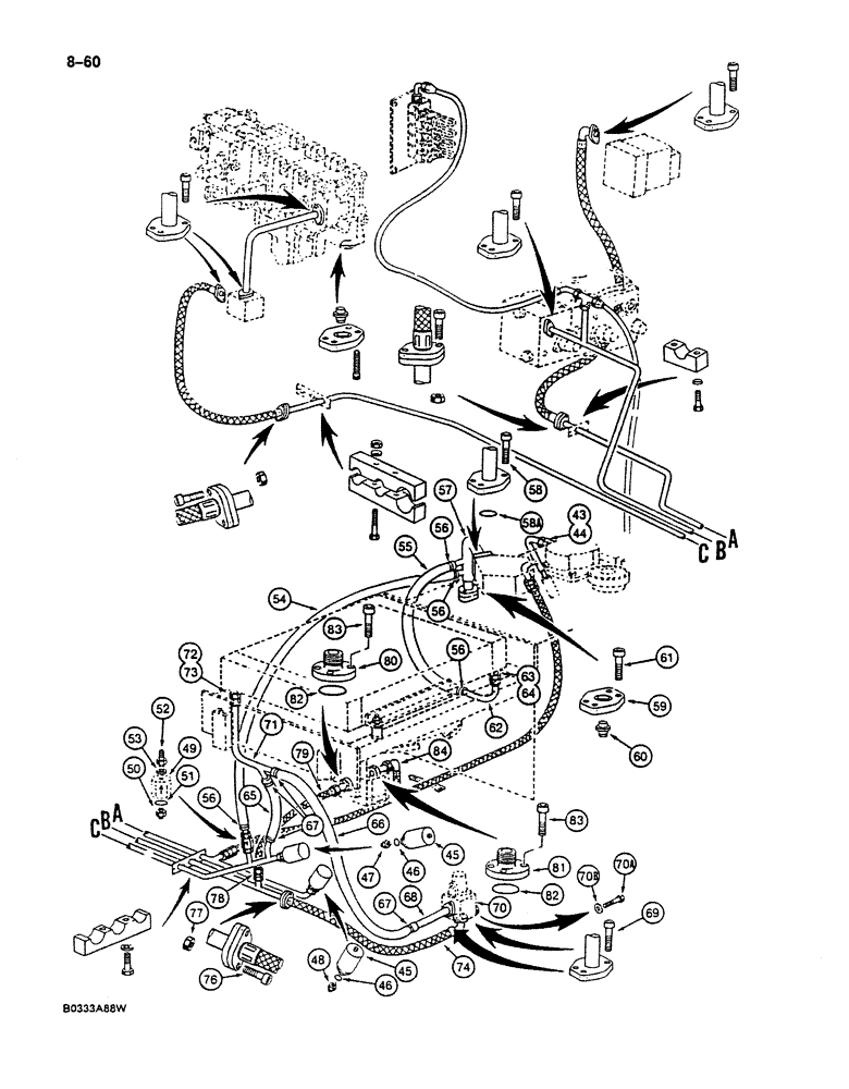 Схема запчастей Case 125B - (8-060) - HYDRAULIC CIRCUIT RETURN LINES, P.I.N. 74631 THROUGH 74844 (08) - HYDRAULICS