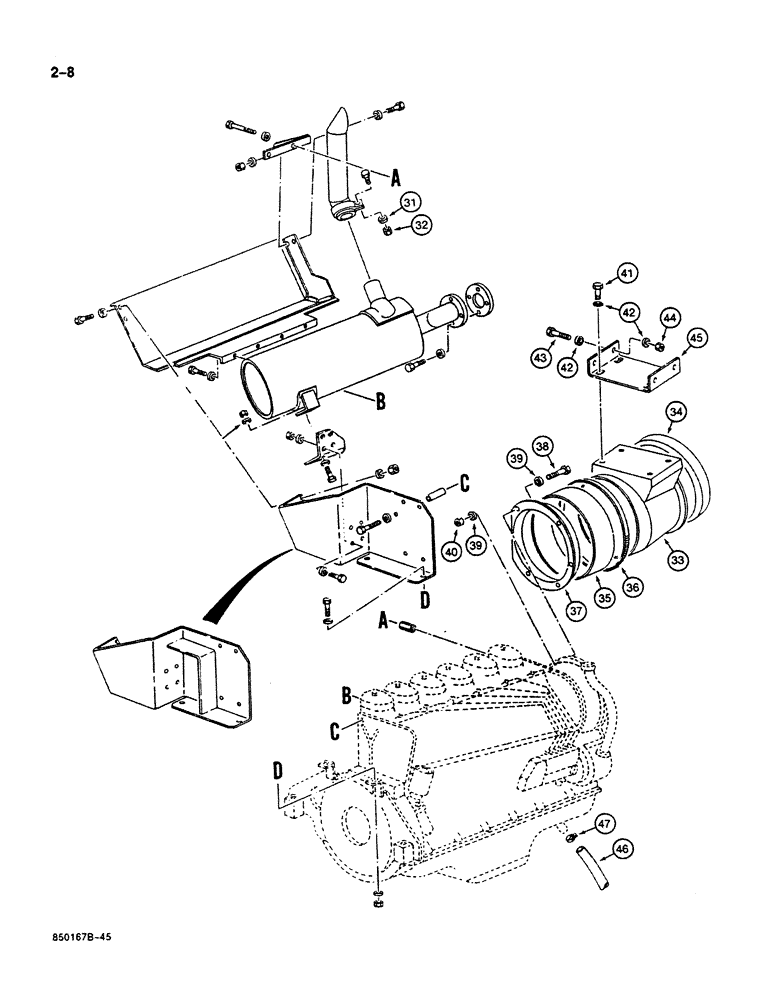 Схема запчастей Case 125B - (2-08) - MUFFLER, EXHAUST SYS., & ENG. AIR COOLING ADAPTING PARTS, PIN 74251-74963, 21801-21868, 26801 & AFT. (02) - ENGINE