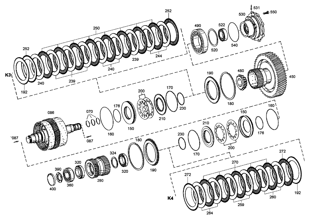 Схема запчастей Case 340 - (18A00000580[001]) - GEARBOX - COMPONENTS - CLUTCH ASSEMBLY K3/K4 (87453806 - 87453807) (03) - Converter / Transmission