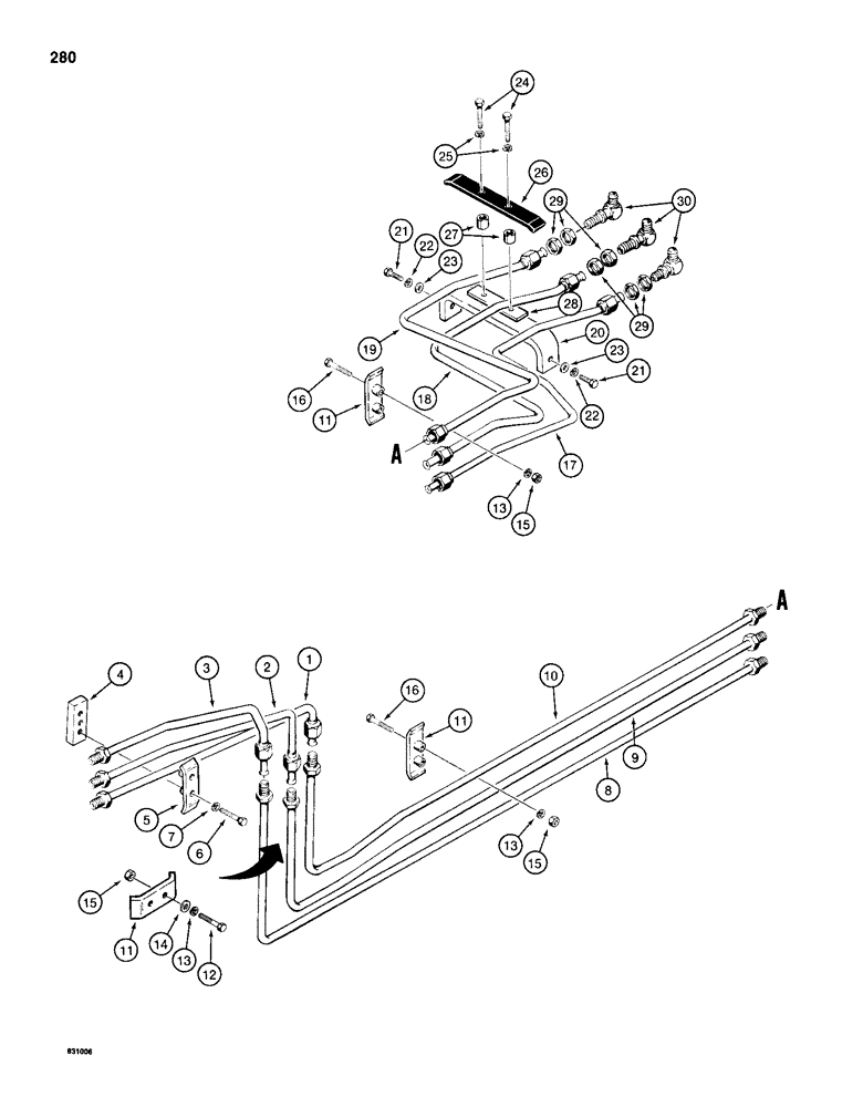 Схема запчастей Case 1150D - (280) - DOZER TILT AND PITCH HYDRAULIC CIRCUIT, ANGLE TILT PITCH DOZER MODELS TUBES TO GRILLE (08) - HYDRAULICS