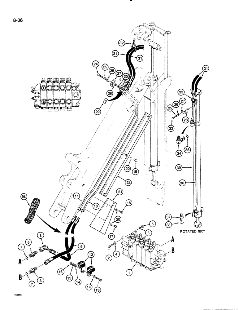 Схема запчастей Case 35C WL - (8-36) - EXTENDABLE DIPPER HYDRAULIC CIRCUIT, MODELS WITH TWO BOOM MOUNTING PINS AT SWING TOWER (08) - HYDRAULICS