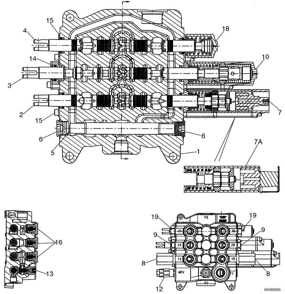 Схема запчастей Case 590SM - (08-35) - VALVE ASSY - LOADER CONTROL, THREE SPOOL (WITHOUT PILOT CONTROLS) (08) - HYDRAULICS