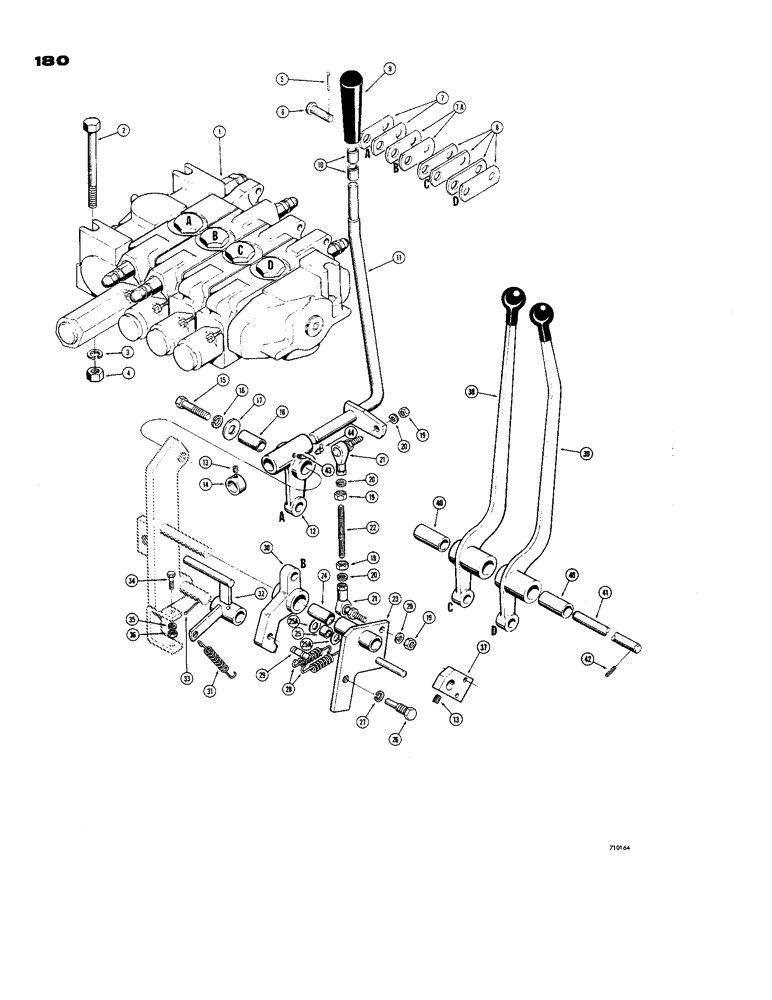 Схема запчастей Case 850 - (180) - EQUIPMENT CONTROL VALVE & LEVERS, 4 SPOOL LOADER, USED ON LOADER MDLS W/ CLAM TYPE BUCKET AND RIPPER (07) - HYDRAULIC SYSTEM