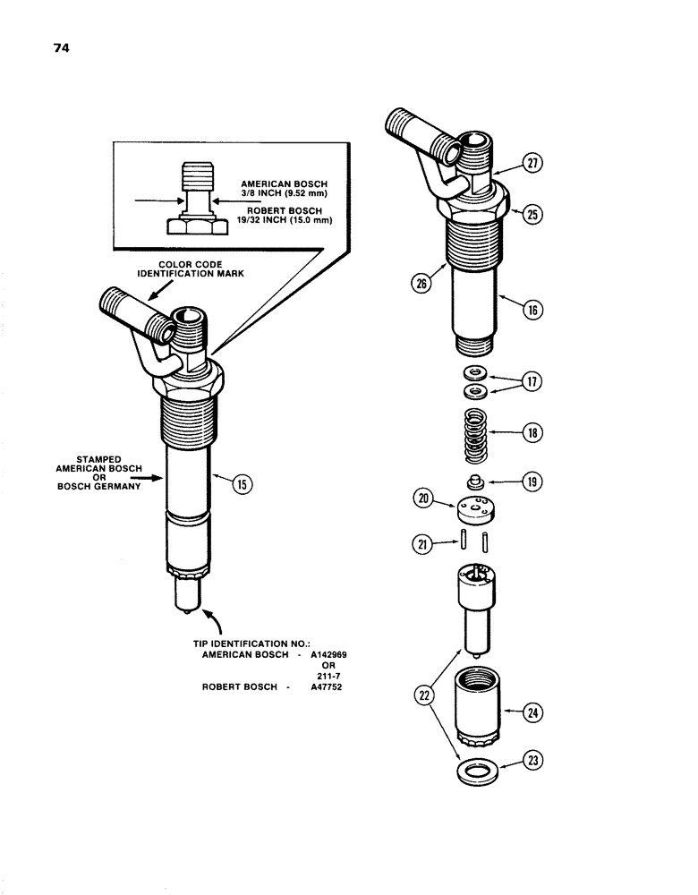 Схема запчастей Case 1280 - (074) - FUEL INJECTOR NOZZLE, 504BDT DIESEL ENGINE, RED COLOR CODE IDENTIFICATION (01) - ENGINE