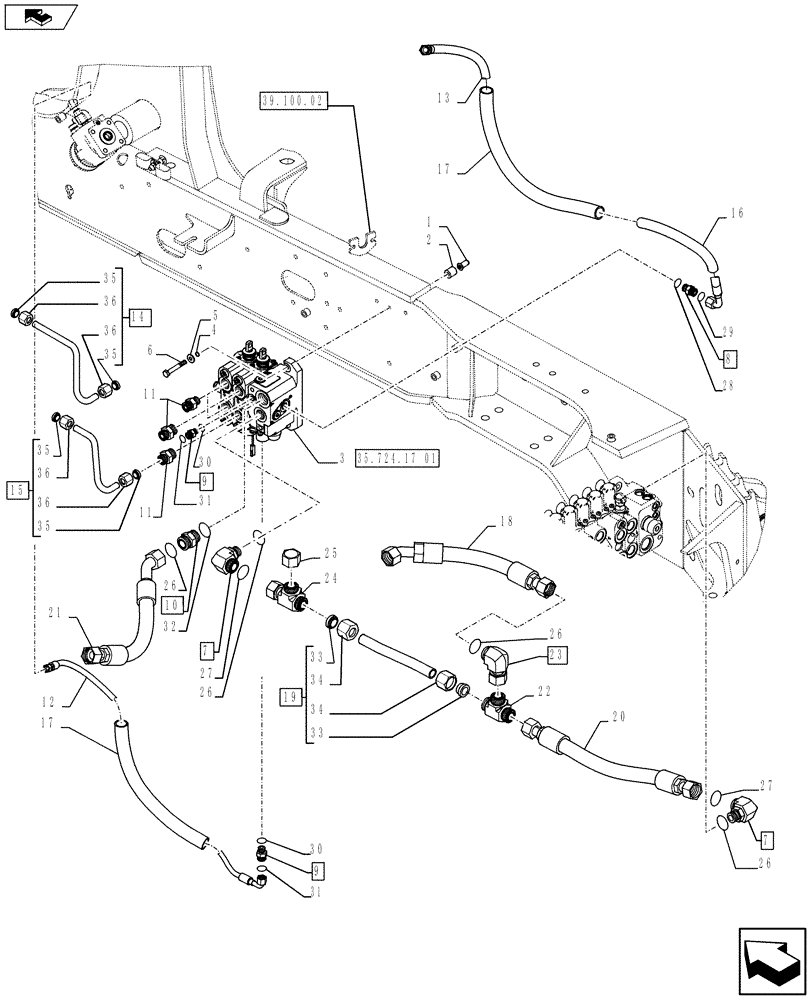 Схема запчастей Case 590SN - (35.701.24) - HYDRAULICS - VALVE, LOADER CONTROL - 2 SPOOL VALVE PILOT CONTROL (35) - HYDRAULIC SYSTEMS