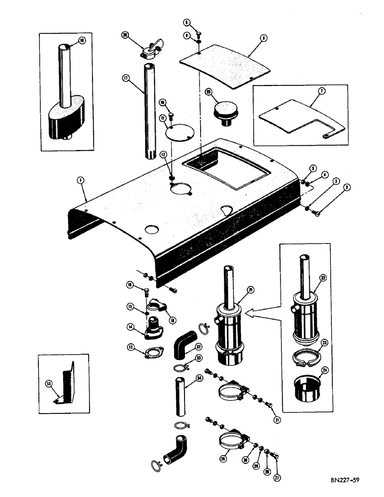 Схема запчастей Case 310D - (036) - HOOD, EXHAUST SYSTEM, AND AIR CLEANER (05) - UPPERSTRUCTURE CHASSIS