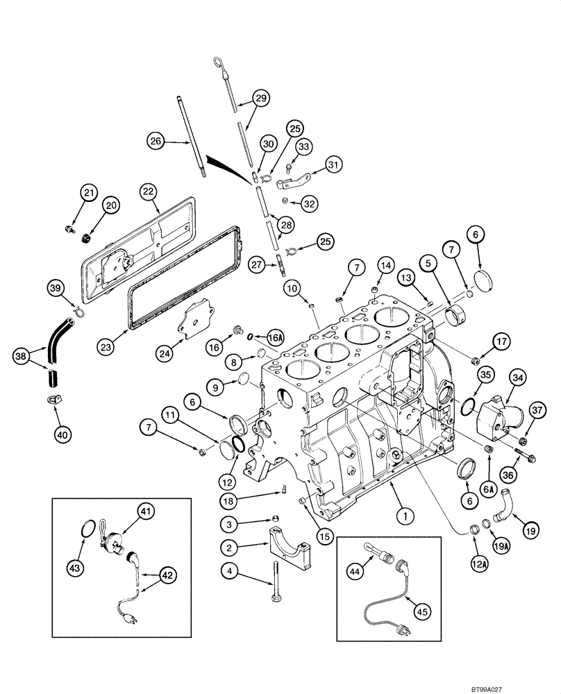 Схема запчастей Case 1845C - (02-28) - CYLINDER BLOCK (NORTH AMERICA), 4-390 EMISSIONS CERTIFIED ENGINE, ASN JAF0250483 (INJECTION PUMP J935677) (02) - ENGINE