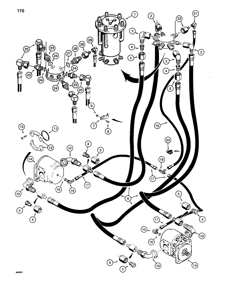 Схема запчастей Case 880C - (170) - TRACK DRIVE HYDRAULIC LINES - LOWER, LONG 7-ROLLER TRACK PIN 6205456 AND AFTER (04) - UNDERCARRIAGE