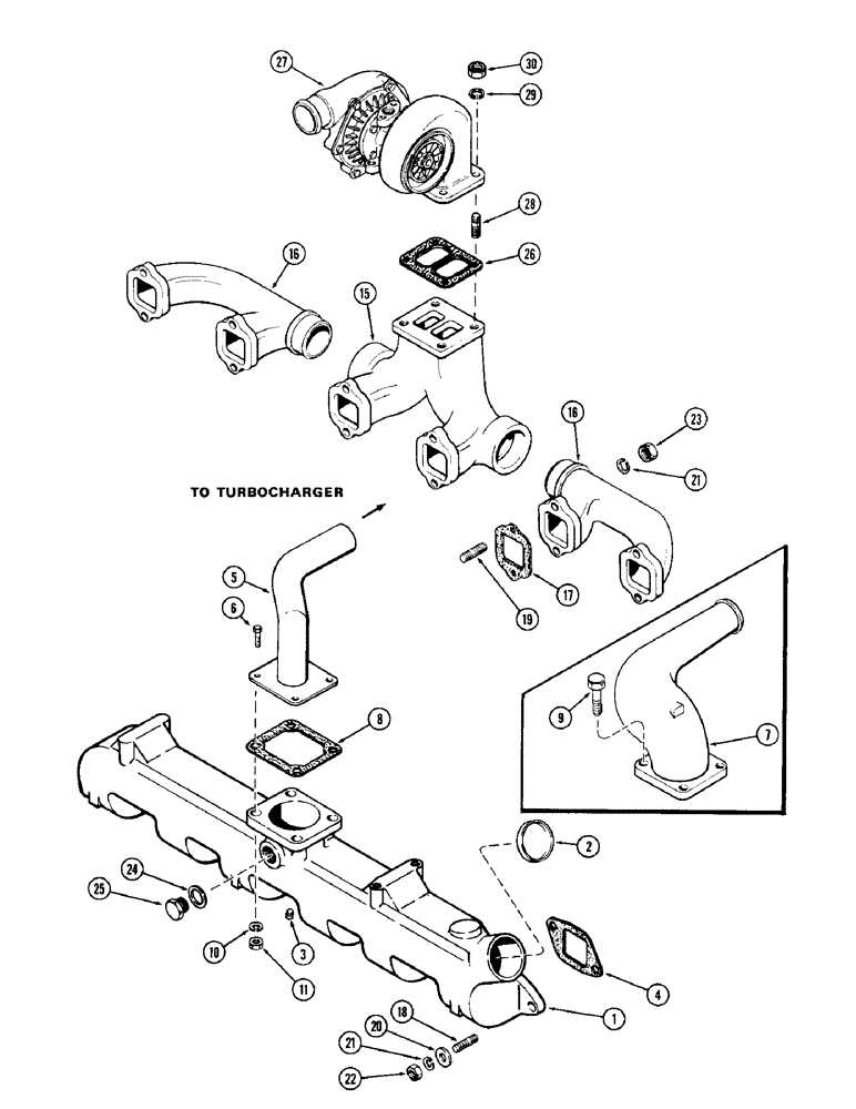 Схема запчастей Case 980 - (008) - MANIFOLDS & TURBO-CHARGER, (504BDT) DIESEL ENGINE (01) - ENGINE