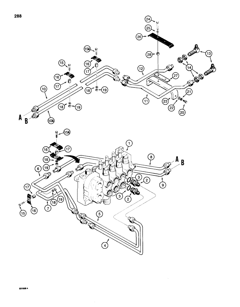 Схема запчастей Case 1150D - (288) - DOZER ANGLE HYDRAULIC CIRCUIT, ANGLE TILT PITCH DOZER MODELS VALVE TO GRILLE (08) - HYDRAULICS